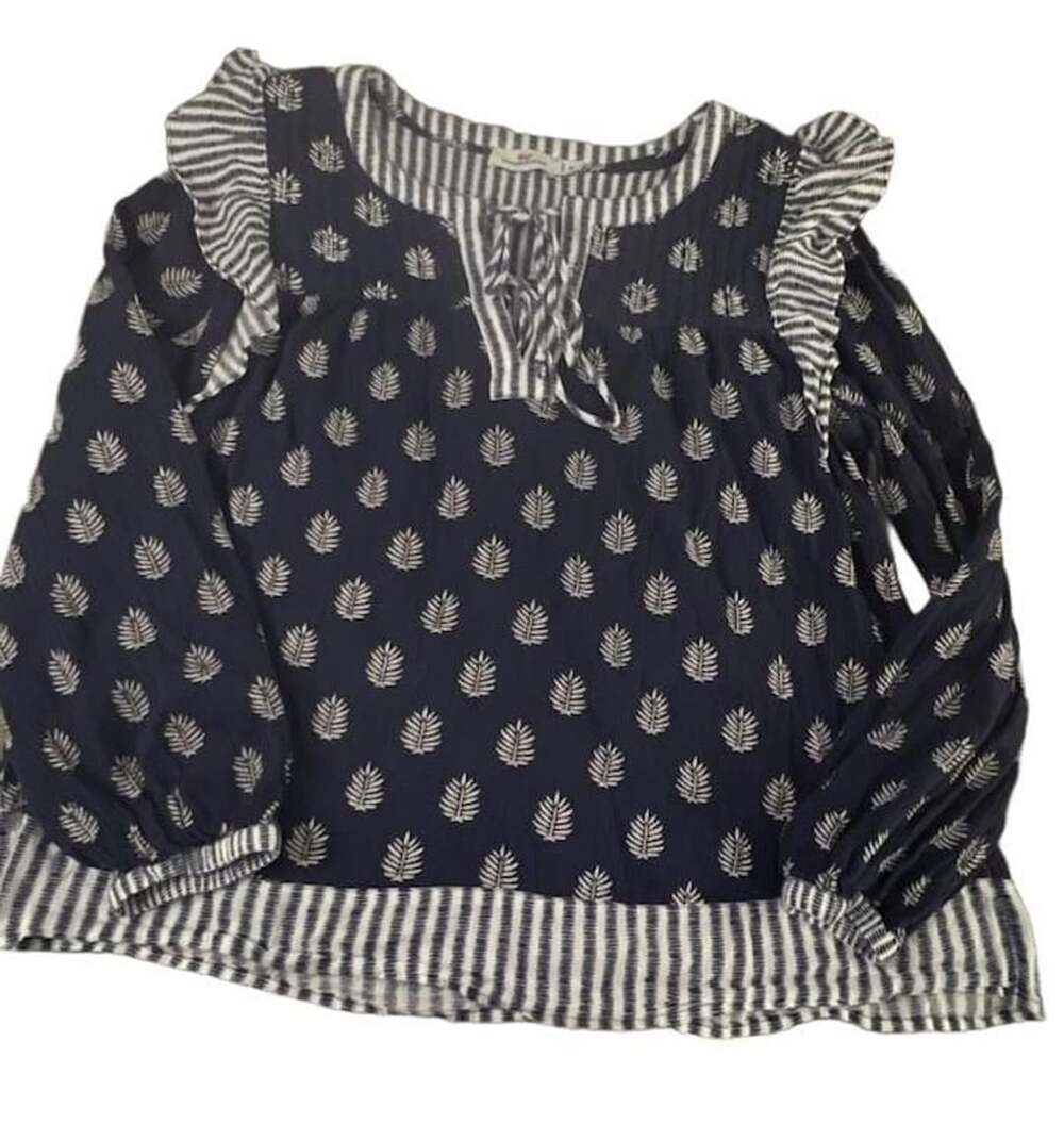 Vineyard Vines Navy Blue and White Leaf Print Long Sleeve Top with Ruffles and